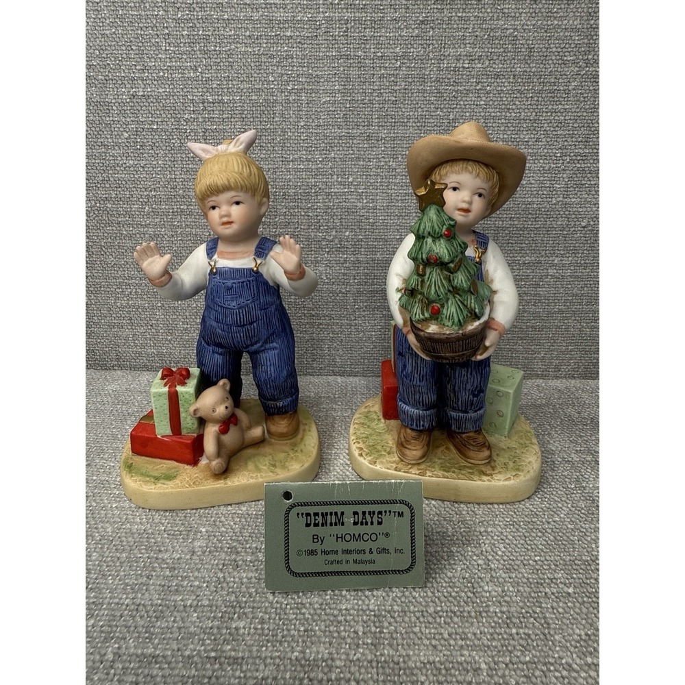 Pair Of HomeCo.  Denim Days #1523 "Christmas Surprise" Figurines
